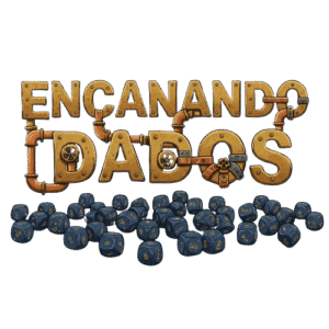Logotipo do Encanando Dados com letras em formato de canos e dados decorativos abaixo, representando o fluxo e o jogo de informações.