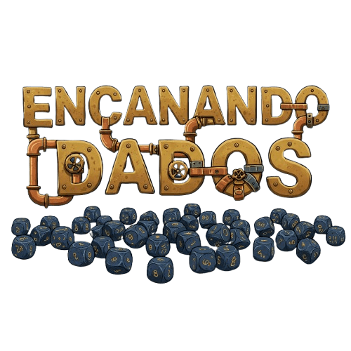 Logotipo do Encanando Dados com letras em formato de canos e dados decorativos abaixo, representando o fluxo e o jogo de informações.